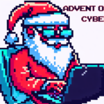 Pixel art Santa Claus on a laptop, with digital style text reading "Advent of Cyber Week 1"